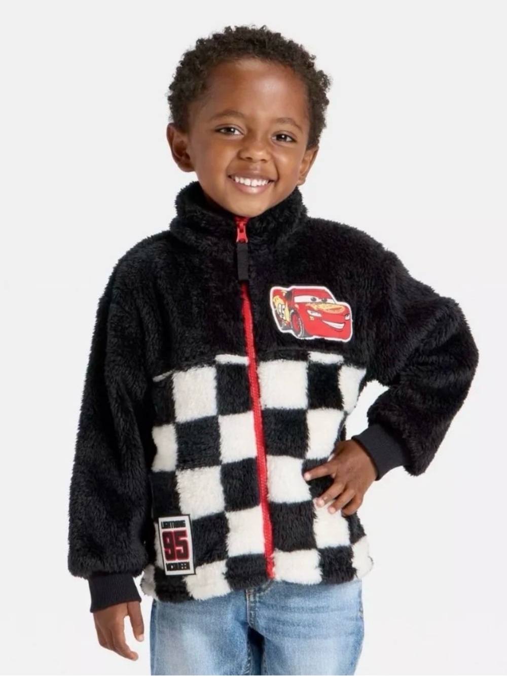 NWT Disney Cars Lightning McQueen Checkered Sherpa Fleece Zip-Up Jacket Sz 3T